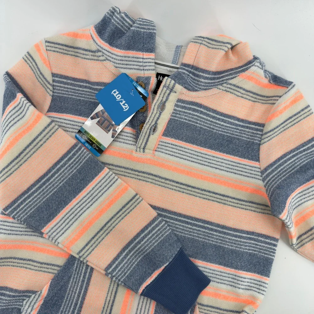 NEW Hurley Boys Beach Hoodie Blue Orange‎ Striped Henley Pullover Size 10/12